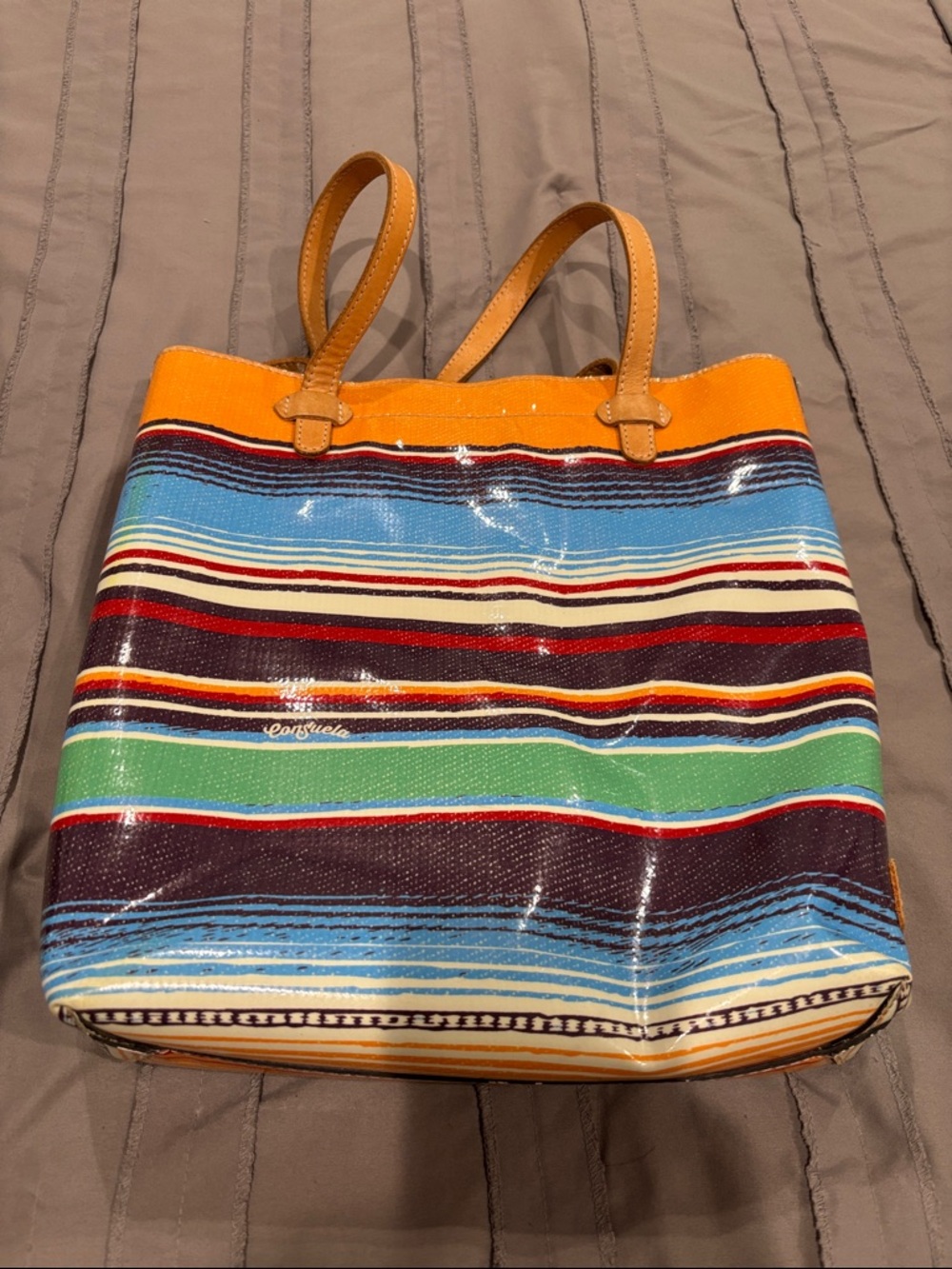 Striped Multi-Color Tote Bag with Tan Handles
